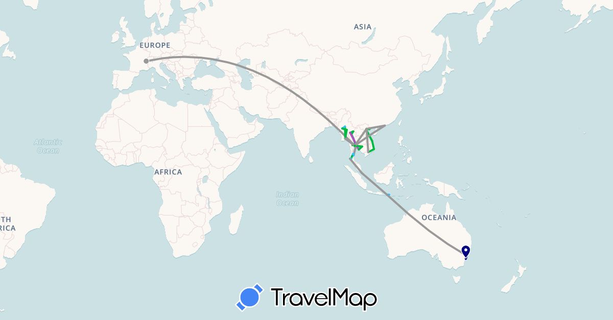 TravelMap itinerary: driving, bus, plane, train, boat in Australia, Switzerland, Hong Kong, Indonesia, Cambodia, Myanmar (Burma), Singapore, Thailand, Vietnam (Asia, Europe, Oceania)